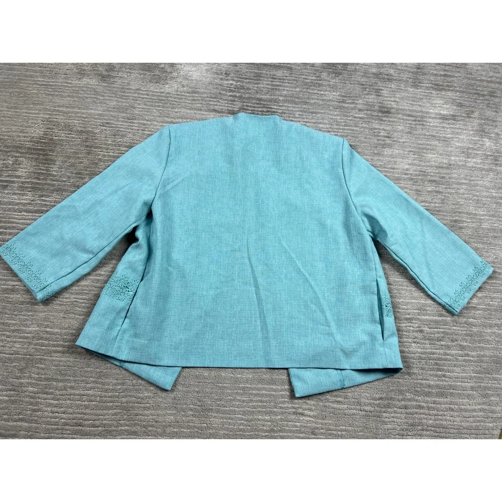 Alfred Dunner Jacket Women 10P Turquoise Blue Open Front Crochet Lace Beaded 3/4